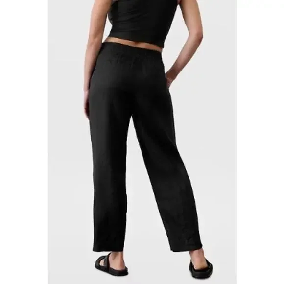 Athleta Retreat High Rise Linen Ankle Pant Black L Elastic Waist Pockets - Picture 2 of 11